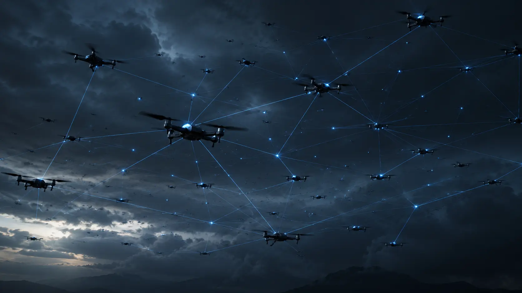 Cinematic 3D render of autonomous drone swarms communicating across a decentralized mesh network.