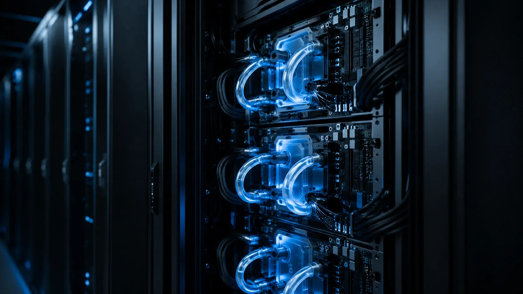 Cinematic 3D render of direct-to-chip liquid cooling cold plate and fluid microchannels inside an AI server rack.