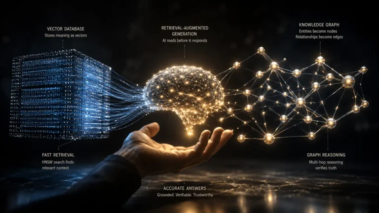 Cinematic 3D render visualizing GraphRAG knowledge graph nodes and high-dimensional vector database connections.