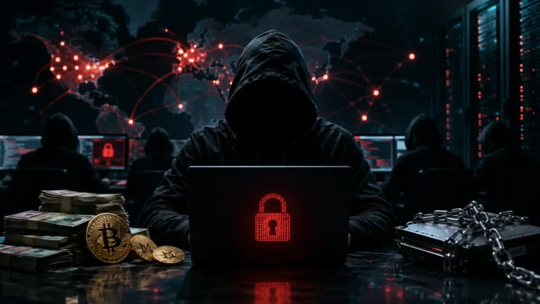 Cinematic 3D render visualizing Ransomware-as-a-Service network topology and decentralized cybercrime infrastructure.
