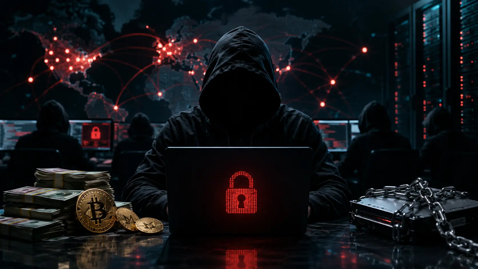 Cinematic 3D render visualizing Ransomware-as-a-Service network topology and decentralized cybercrime infrastructure.