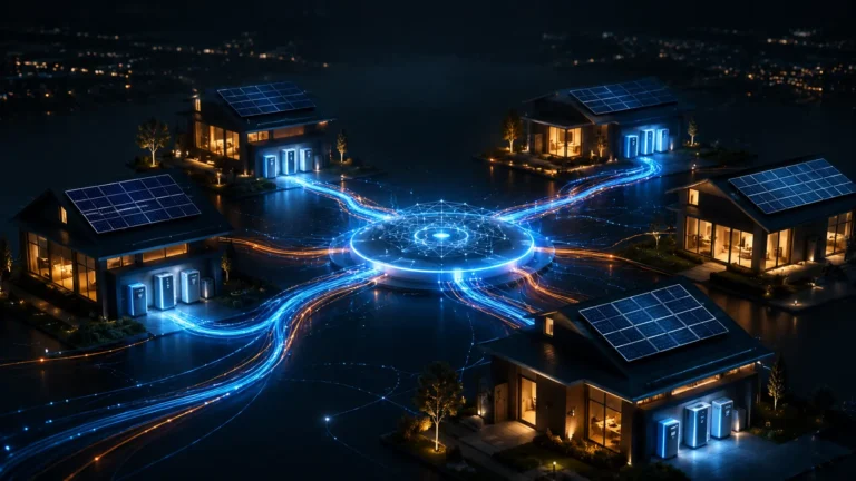Cinematic 3D render visualizing Virtual Power Plant data nodes and residential energy storage grid connections.