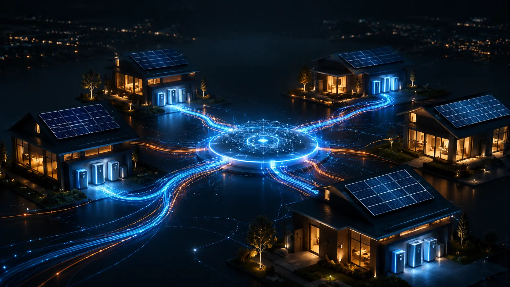 Cinematic 3D render visualizing Virtual Power Plant data nodes and residential energy storage grid connections.