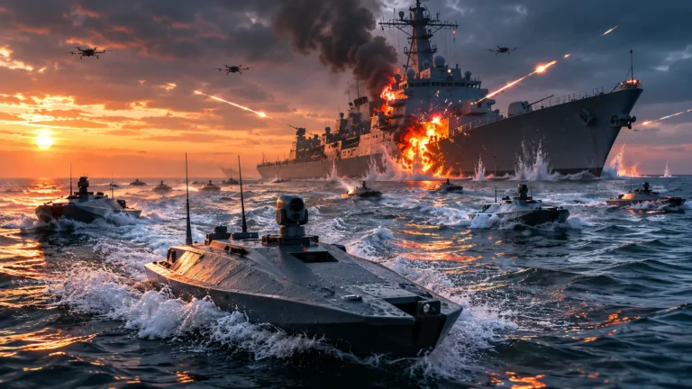 Cinematic 3D render visualizing a stealth unmanned surface vehicle cutting through ocean waves at night.