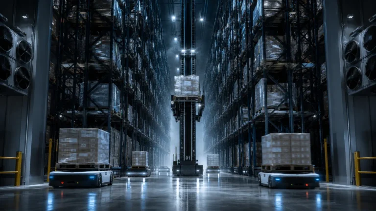 Cinematic 3D render visualizing cold chain logistics reefer containers and automated cold storage infrastructure.