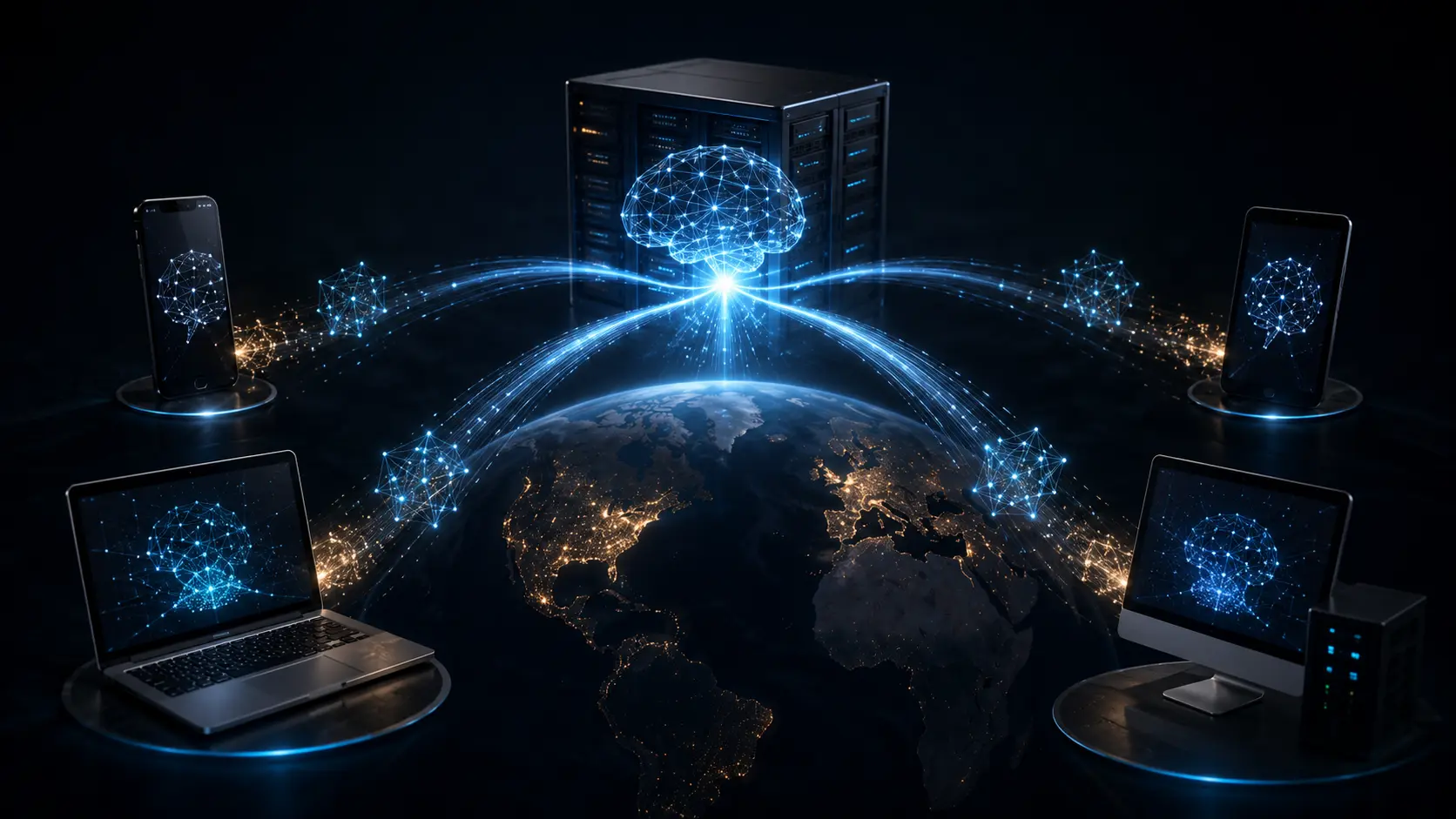 Cinematic 3D render visualizing federated learning network architecture with encrypted gradient updates between edge nodes.