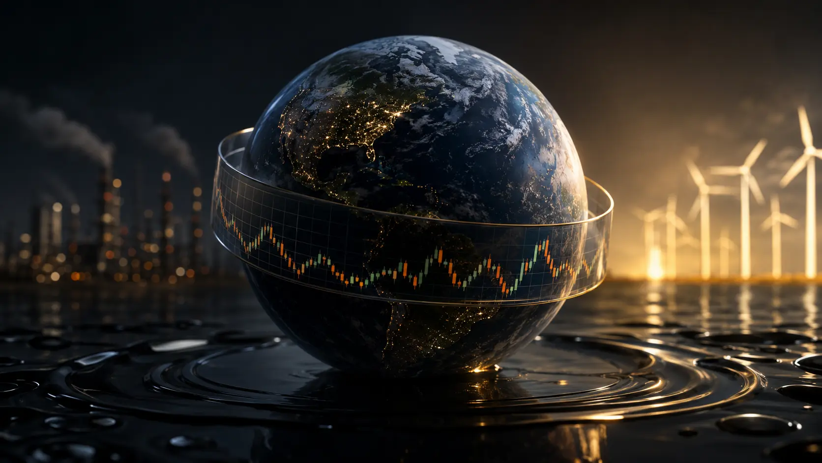 Cinematic 3D render visualizing global carbon credit markets and cap and trade financial infrastructure