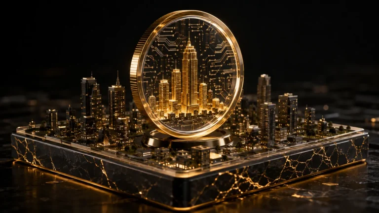 Cinematic 3D render visualizing real-world asset tokenization and smart contract atomic settlement infrastructure.