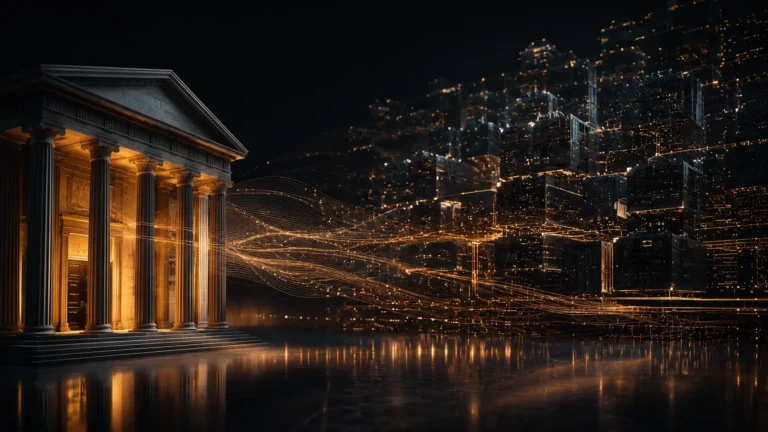 Cinematic 3D render visualizing shadow banking system capital flows and private credit markets.