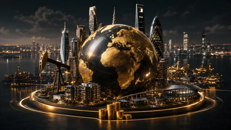 Cinematic 3D render visualizing sovereign wealth fund capital flows across a global macroeconomic data map.