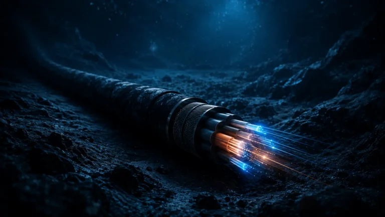 Cinematic 3D render visualizing subsea internet cable optical fibers and underwater data light pulses.