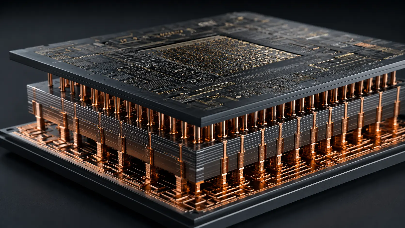 Cinematic cross-section render demonstrating backside power delivery and nano-vias in a sub-2nm microchip.