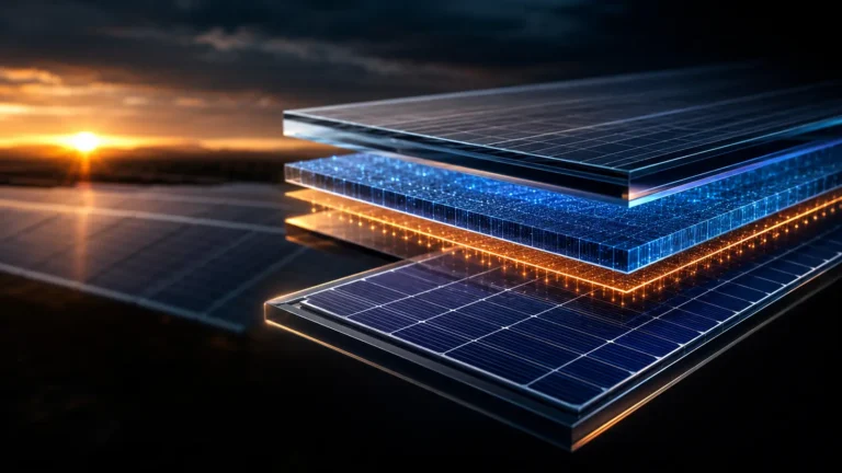 Cinematic cross-section render of a perovskite-silicon tandem solar cell absorbing distinct light spectrums.