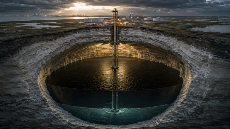 Cinematic cross-section render of an underground salt dome cavern storing crude oil for the Strategic Petroleum Reserve.