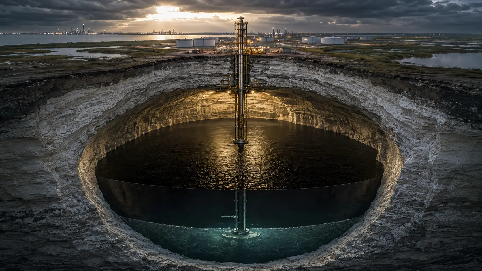 Cinematic cross-section render of an underground salt dome cavern storing crude oil for the Strategic Petroleum Reserve.