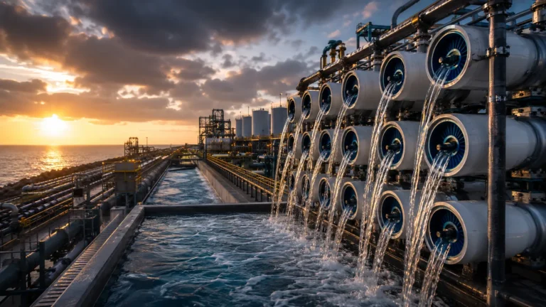 Cinematic cross-section render of high-pressure reverse osmosis membranes inside a megascale desalination facility.