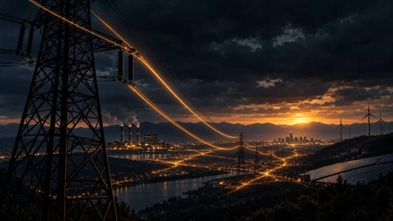Cinematic cross-section render of market clearing nodes and transmission pricing lines for wholesale electricity markets.