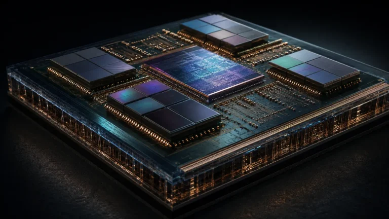 Cinematic cross-section render of modular chiplet architecture assembled on an interposer foundation.