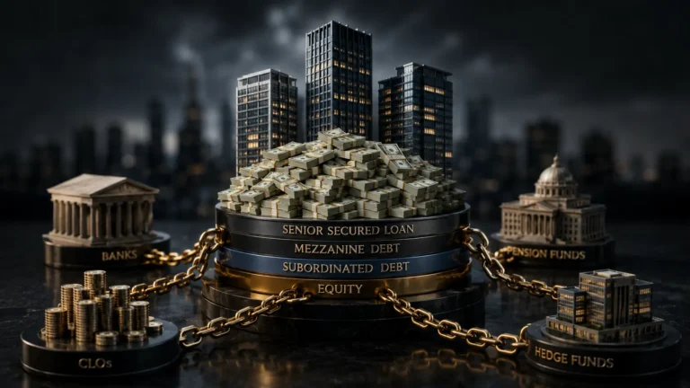 Cinematic cross-section render of syndicated debt stacks and institutional investor tranches in the leveraged loan market.