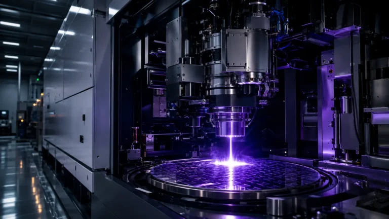 Cinematic macro render of EUV lithography mirrors focusing ultraviolet light onto a silicon wafer inside a vacuum chamber.