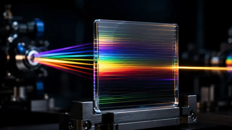 Cinematic macro render of a Dense Wavelength Division Multiplexing (DWDM) filter splitting laser light into multiple data channels.