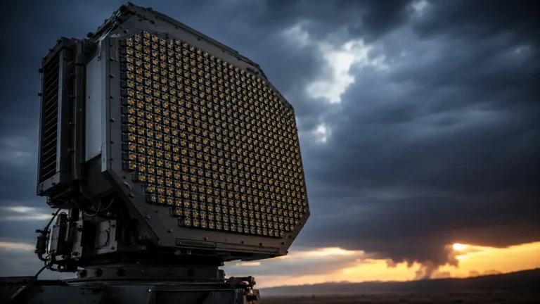 Cinematic macro render of a Gallium Nitride wide-bandgap semiconductor chip utilized in AESA radar systems.