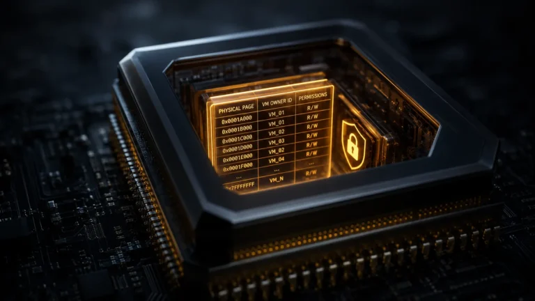 Cinematic macro render of a Reverse Map Table (RMT) blocking a hypervisor memory aliasing attack inside a confidential computing processor.
