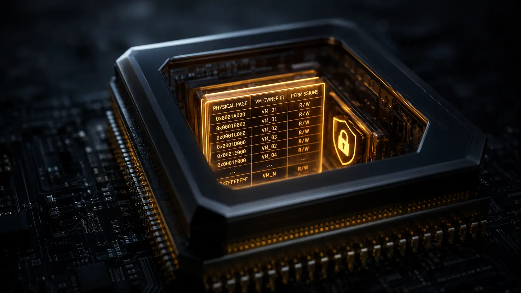 Cinematic macro render of a Reverse Map Table (RMT) blocking a hypervisor memory aliasing attack inside a confidential computing processor.