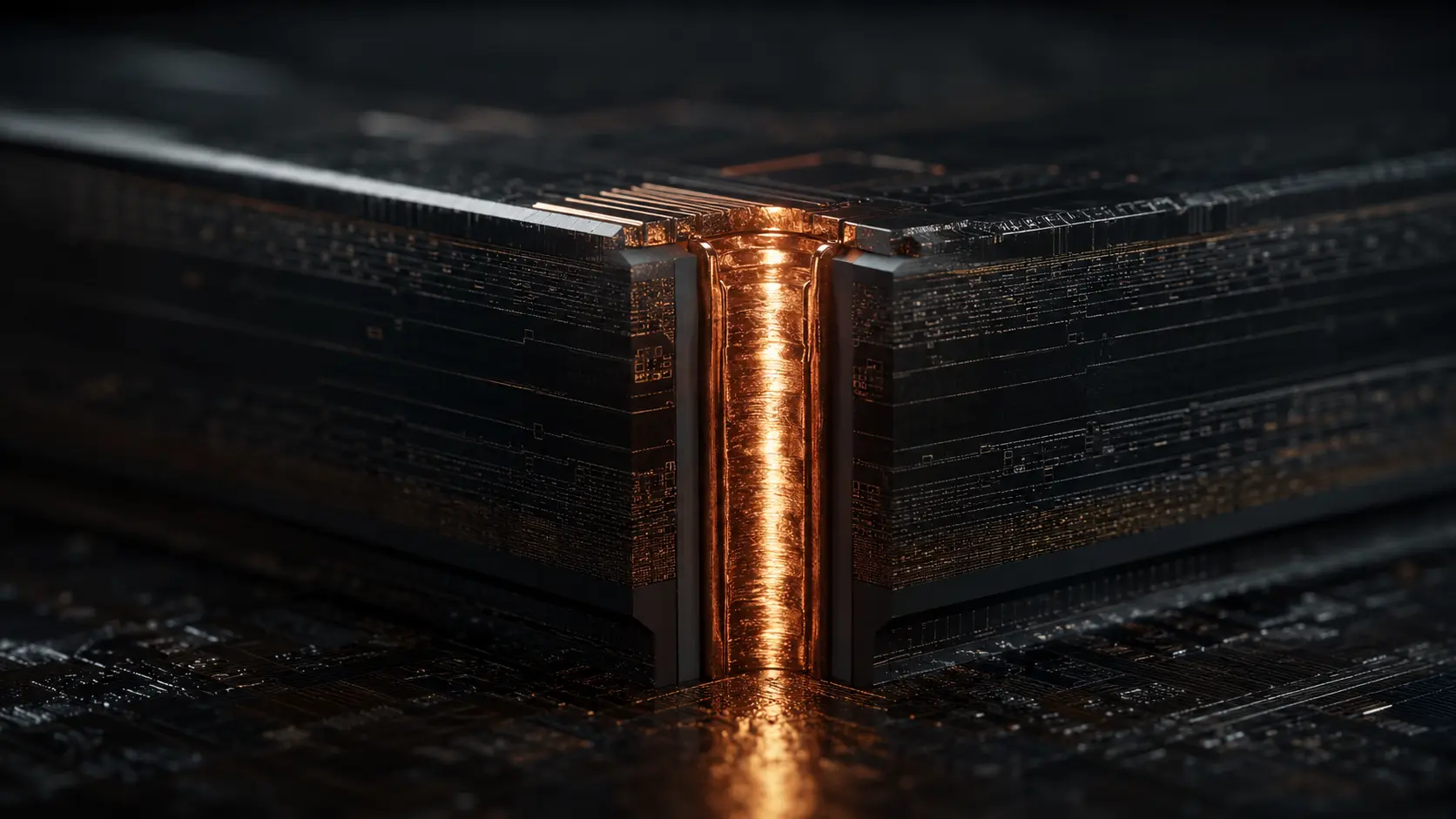 Cinematic macro render of a Through-Silicon Via (TSV) filling with electroplated copper using bottom-up deposition.