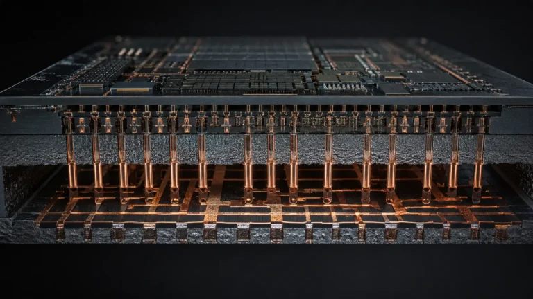 Cinematic macro render of a backside power delivery network routing electricity through nano-TSVs.