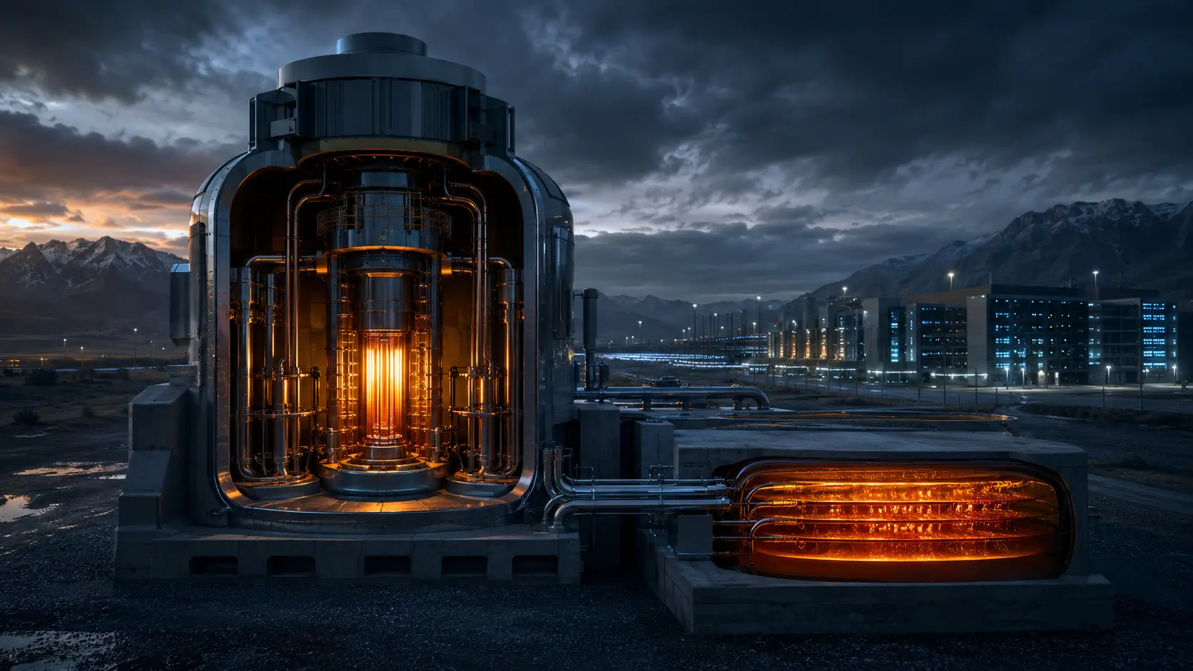 Cinematic macro render of a factory-built Small Modular Reactor core with advanced liquid coolants.