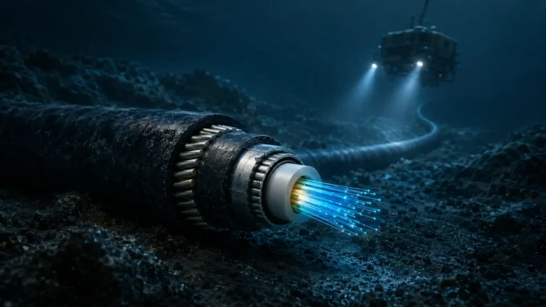 Cinematic macro render of a fiber-optic subsea cable layout resting on the deep ocean floor.