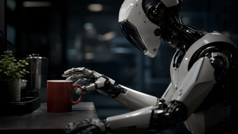 Cinematic macro render of a humanoid robotic hand interacting with spatial tokenization data from robotics foundation models.