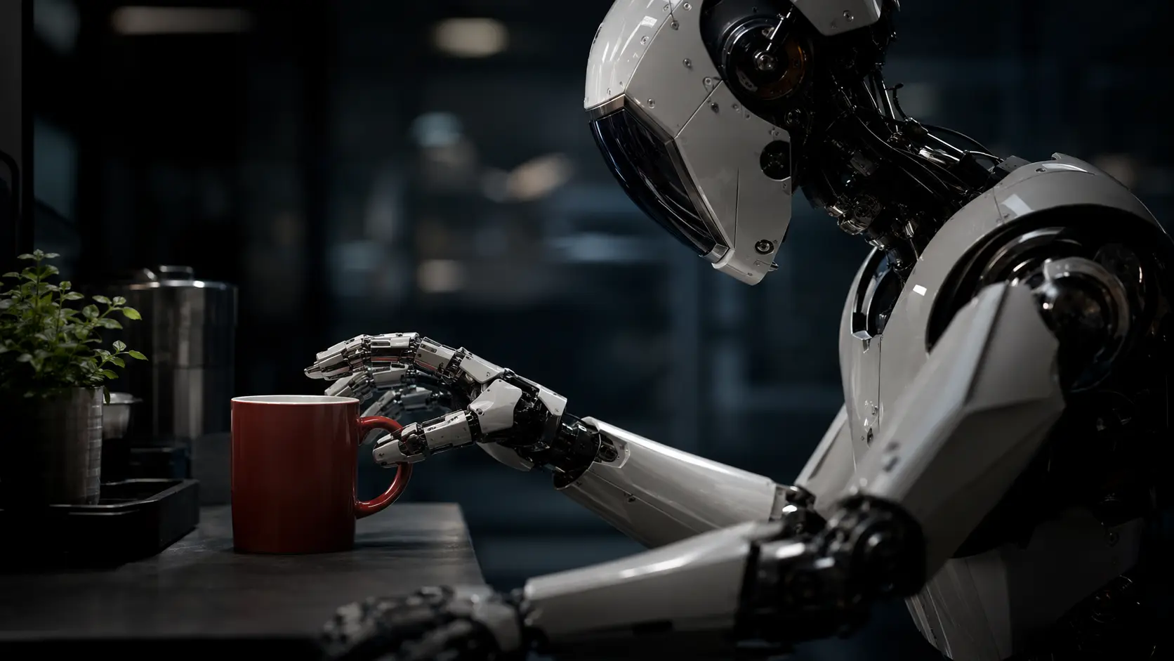Cinematic macro render of a humanoid robotic hand interacting with spatial tokenization data from robotics foundation models.