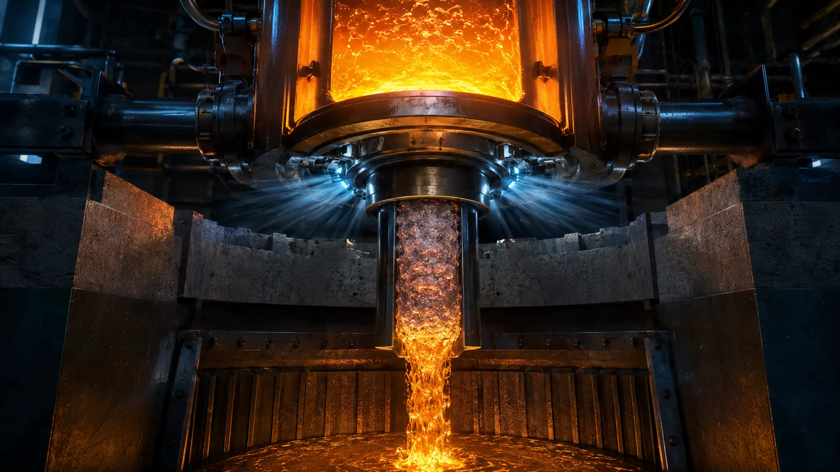 Cinematic macro render of a molten salt reactor freeze valve preventing a nuclear meltdown.