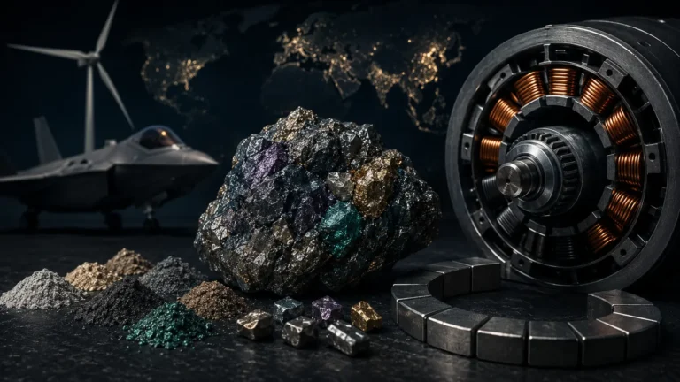 Cinematic macro render of a neodymium permanent magnet and chemical solvent extraction representing rare earth elements.