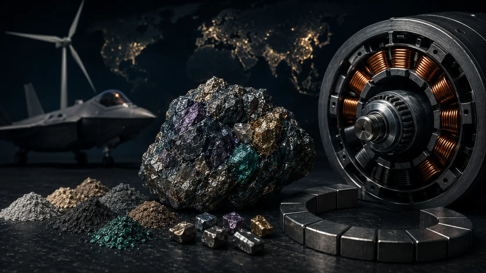 Cinematic macro render of a neodymium permanent magnet and chemical solvent extraction representing rare earth elements.