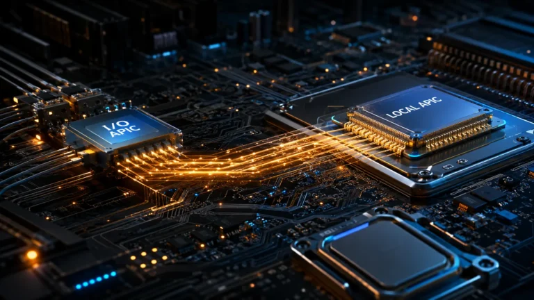 Cinematic macro render of a processor chip processing physical voltage hardware interrupts via an APIC.