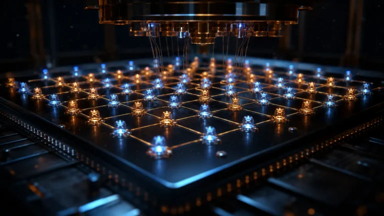 Cinematic macro render of a quantum error correction surface code lattice inside a cryogenic chamber.