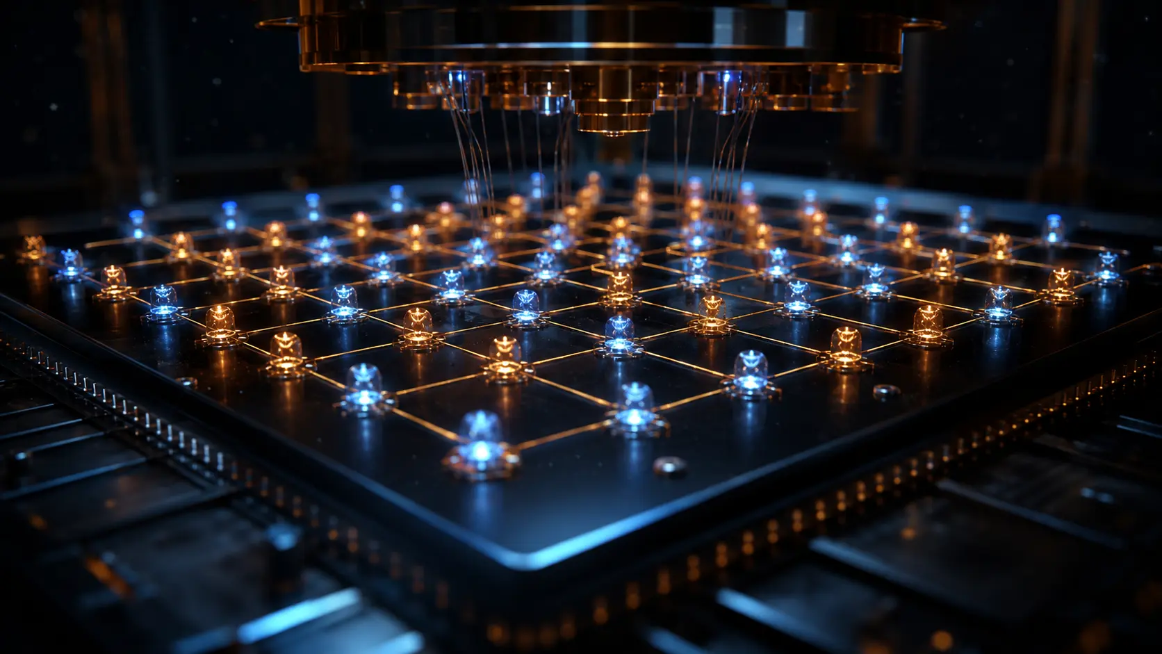 Cinematic macro render of a quantum error correction surface code lattice inside a cryogenic chamber.