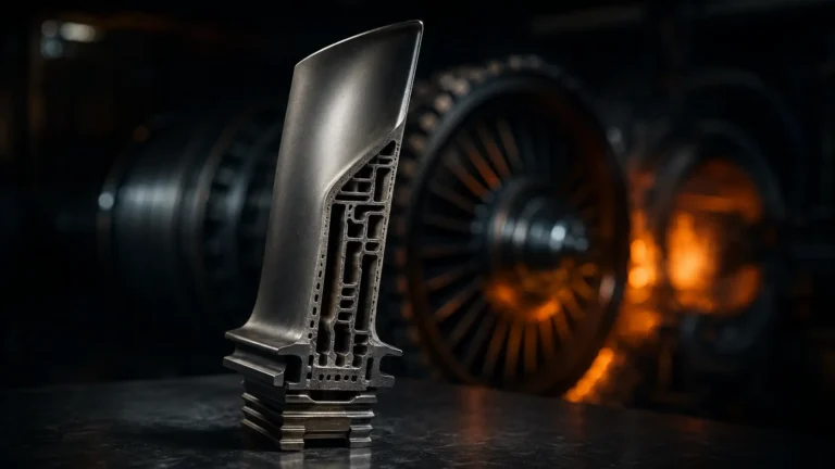 Cinematic macro render of a single-crystal superalloy turbine blade inside a high-temperature vacuum induction furnace.