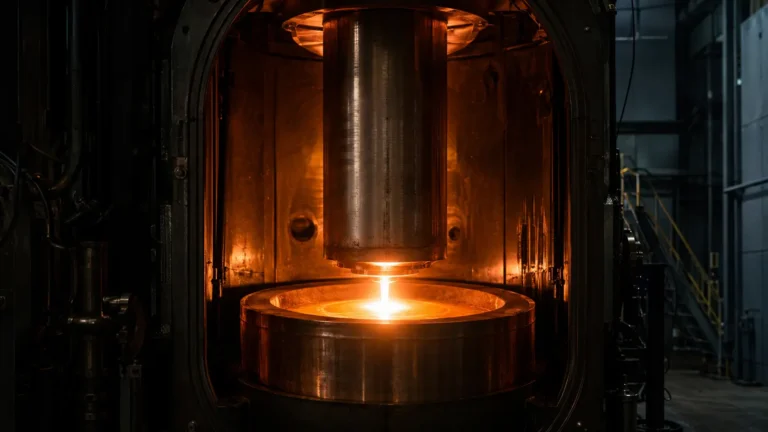 Cinematic macro render of a vacuum arc remelting furnace rebuilding aerospace titanium.