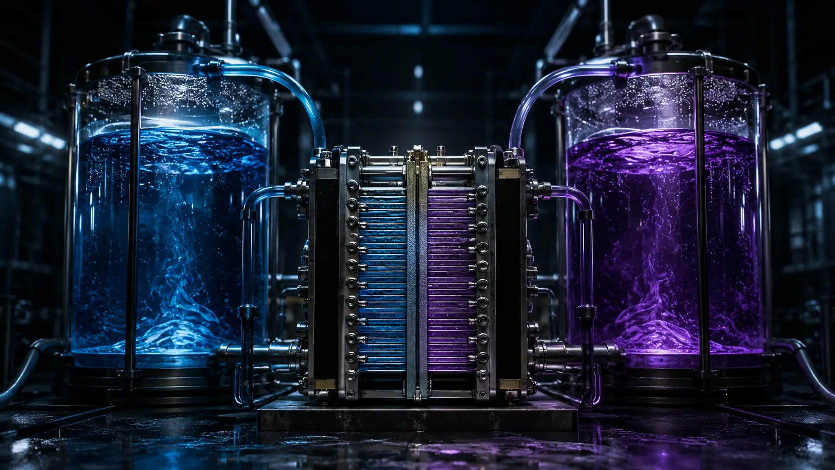 Cinematic macro render of a vanadium redox flow battery separating liquid electrolytes across a proton exchange membrane.
