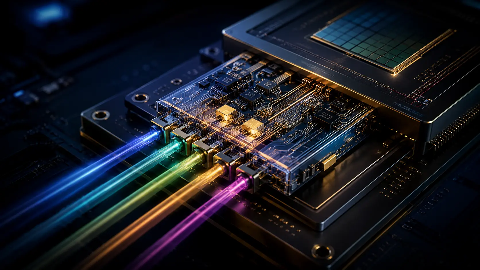 Cinematic macro render of an AI processor package utilizing silicon photonics and co-packaged optics.