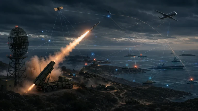 Cinematic macro render of an aircraft carrier strike group encountering a digital anti-access area denial protective dome.