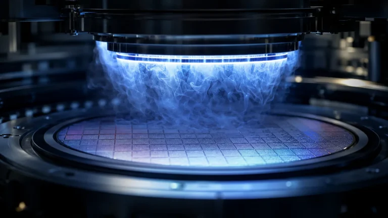 Cinematic macro render of an isotropic dry etch process dissolving silicon-germanium to form a Gate-All-Around (GAA) transistor.