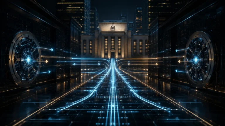 Cinematic macro render of digital data streams representing a Real-Time Gross Settlement (RTGS) interbank network.
