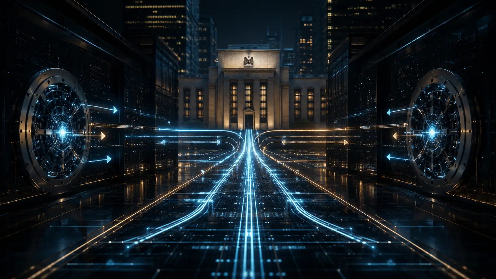 Cinematic macro render of digital data streams representing a Real-Time Gross Settlement (RTGS) interbank network.