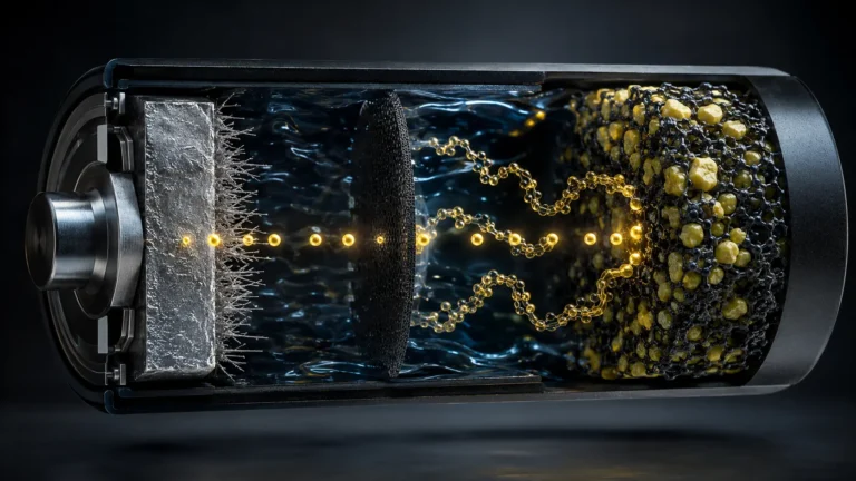 Cinematic macro render of lithium-sulfur battery conversion chemistry and a solid-state polymer separator.