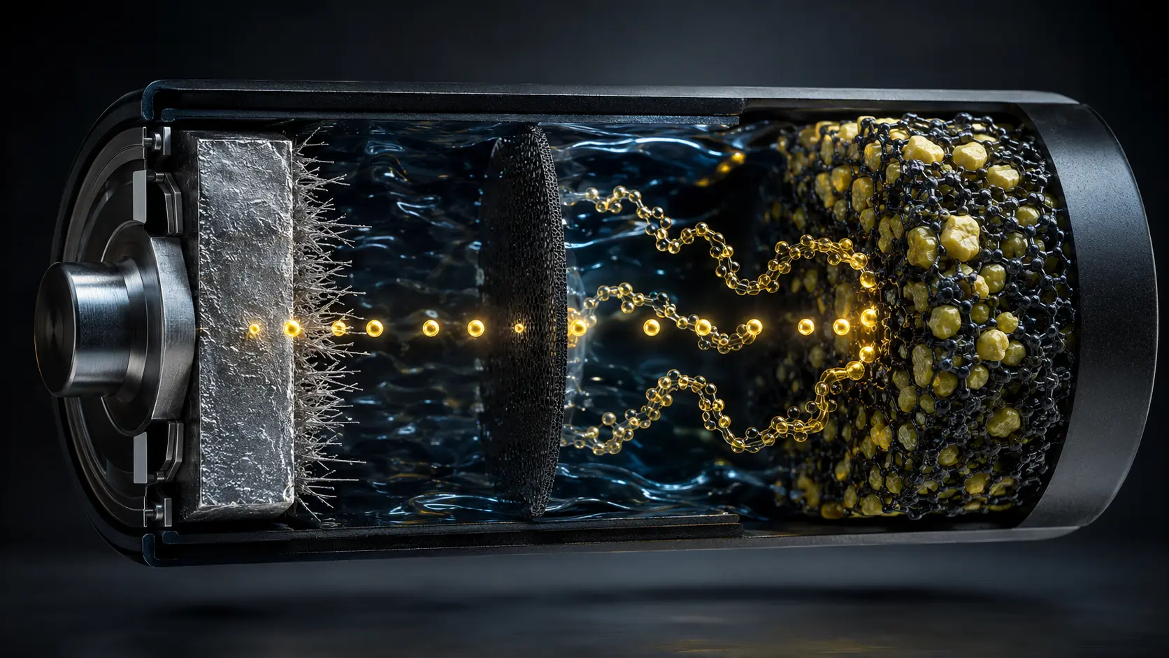 Cinematic macro render of lithium-sulfur battery conversion chemistry and a solid-state polymer separator.